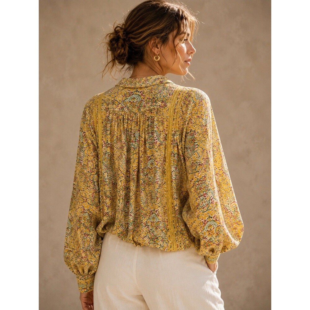 Anthropologie Pilcro Pintuck Peasant Blouse Yellow Floral Lace Trim Size S - Picture 13 of 16